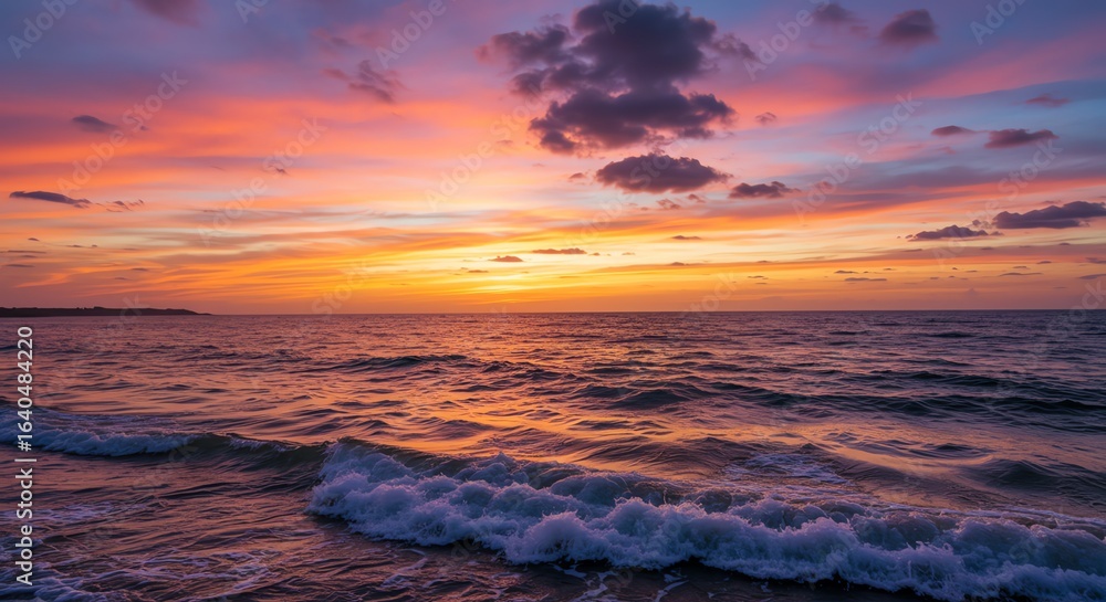 Obraz premium Colorful Sunset Over Ocean with Vibrant Sky and Gentle Waves