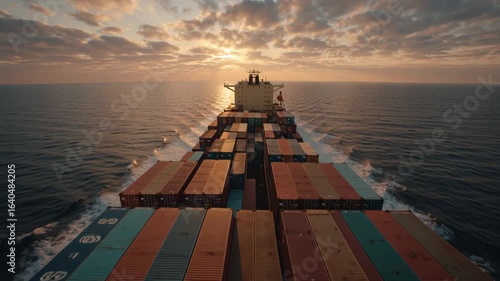 Container ship steel industry cargo vessel on ocean at sunset with freight shipping logistics import export maritime transport
