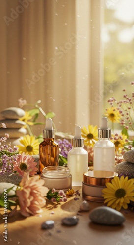 Wallpaper Mural Skincare products display with flowers Torontodigital.ca