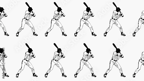 Repetitive baseball player silhouettes in batting stance ready to strike the ball on a white background