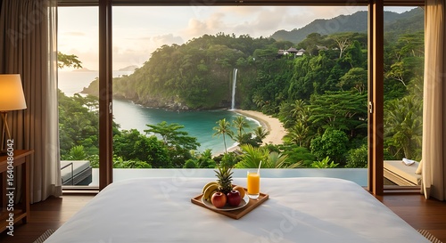 Fototapeta Naklejka Na Ścianę i Meble -  Morning light inside highland villa bedroom, table with juice and fruit, open view of jungle, white sand beach and tropical waterfall