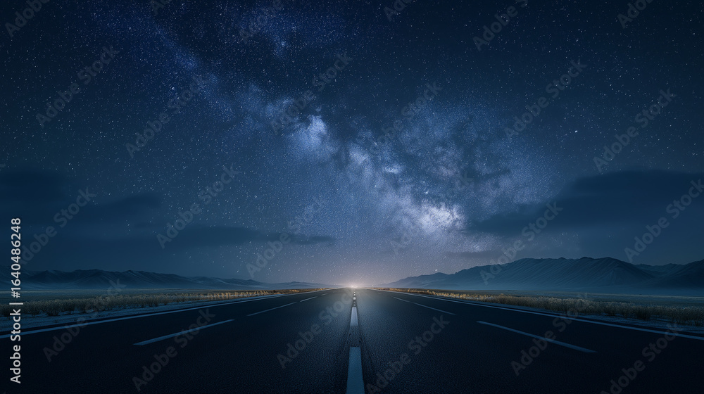 Fototapeta premium Road leading to the stars with breathtaking Milky Way at night sky