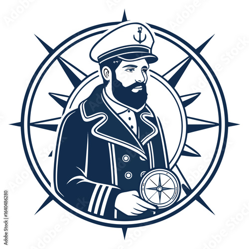 Navy captain with compass stands confidently inside a symbolic navigational star and circle figure