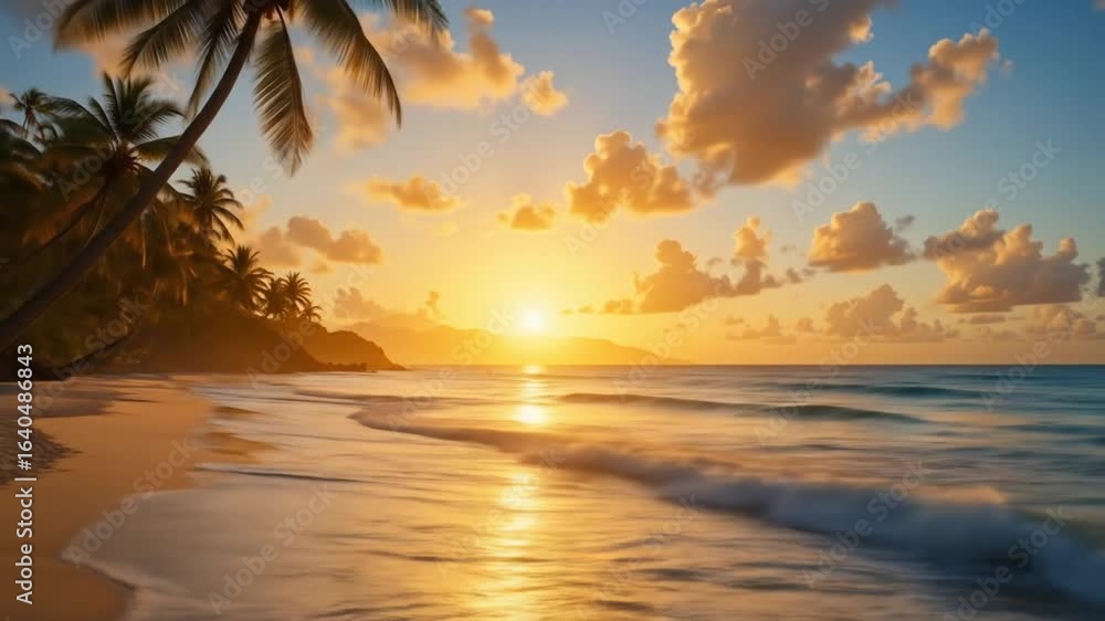 Tropical paradise sunrise, golden sandy beach, palm trees and gentle ocean waves, a peaceful