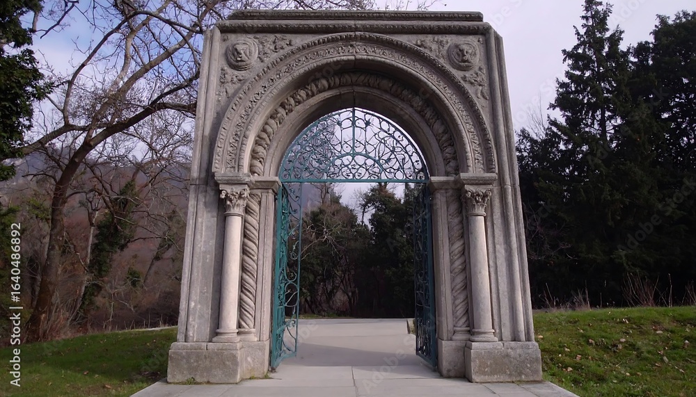Ornate stone archway entrance to a park Ornate stone archway entrance to a park