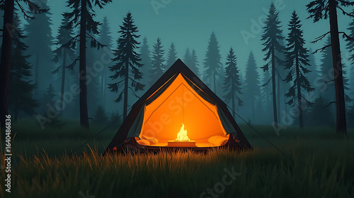 Wallpaper Mural Cozy illuminated tent glowing warmly with a bright campfire inside surrounded by a dark misty forest at night Torontodigital.ca