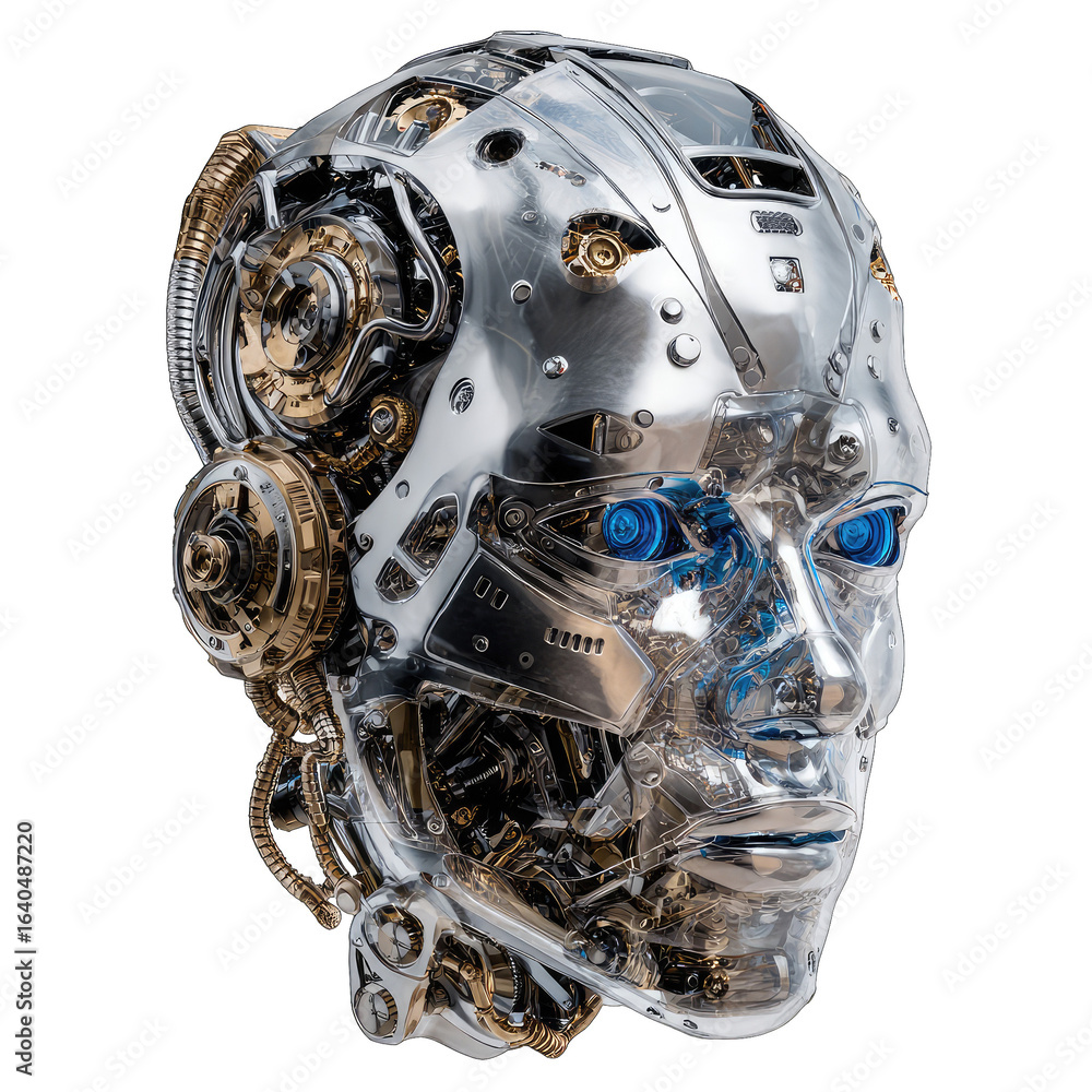 Fototapeta premium Metallic robot head, complex mechanisms
