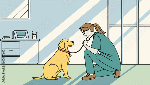 Veterinarian dog checkup examination with stethoscope in vet clinic for animal health and wellness care