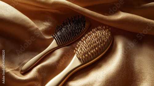 Two elegant hairbrushes resting on luxurious golden fabric, showcasing a blend of style and functionality.