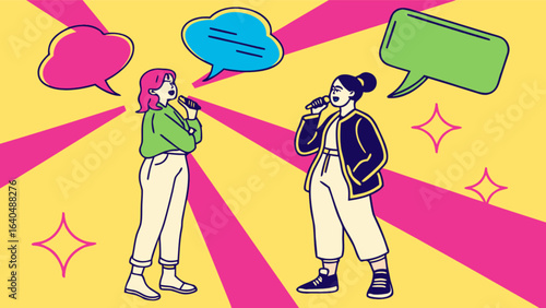 Podcast interview illustration with speech bubbles and microphones for communication and discussion design