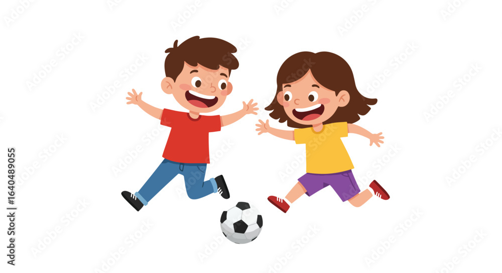 Two happy children, a boy and a girl, are playing soccer with a black and white ball, running and smiling on a white background. Two happy children, a boy and a girl, are playing soccer with a black and white ball, running and smiling on a white background.