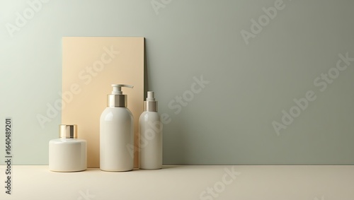 Wallpaper Mural White cosmetic bottles arranged on a light beige surface against a muted green backdrop. Torontodigital.ca