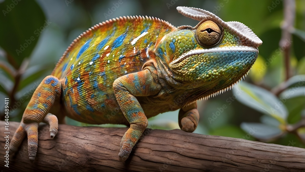 Obraz premium A close-up of a vibrant chameleon resting on a branch, showing its unique textures and striking colors against a natural green background.