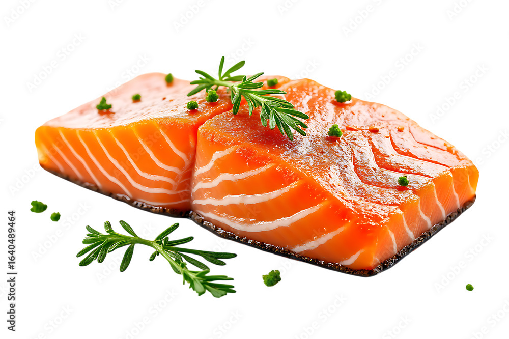 Fresh salmon fillet and steak with rosemary on white plate gourmet seafood meal Fresh salmon fillet and steak with rosemary on white plate gourmet seafood meal