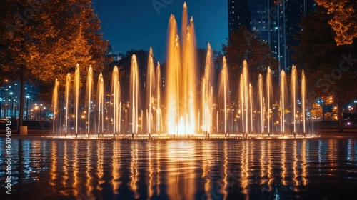Illuminated fountain at night casting vibrant reflections in tranquil city lake