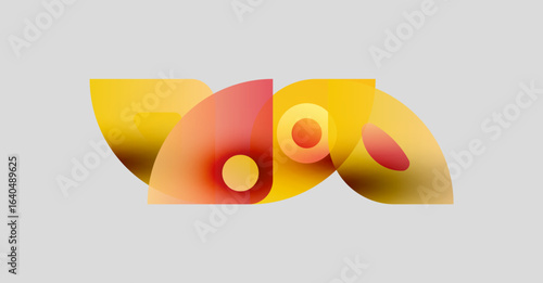 Abstract shapes overlap, creating vibrant color gradients. Yellows, oranges, reds blend softly on light gray background. Modern design.