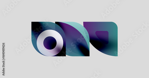 Abstract logo design features overlapping shapes, gradients. Colors include blues, purples, whites creating modern visual impact.