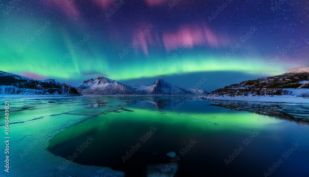 Naklejka premium lights over icy landscape with calm water reflection__ 