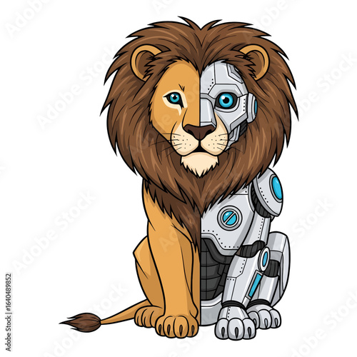 Illustration of a majestic bionic lion, half wild animal and half advanced machine, symbolizing the fusion of nature and technology.