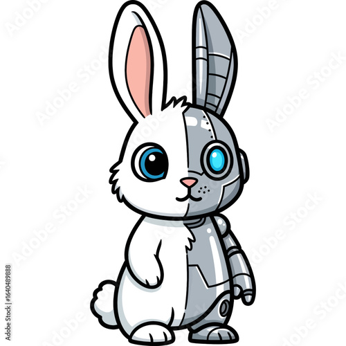 A cute cartoon illustration of a futuristic cyborg rabbit, half organic and half mechanical robot.