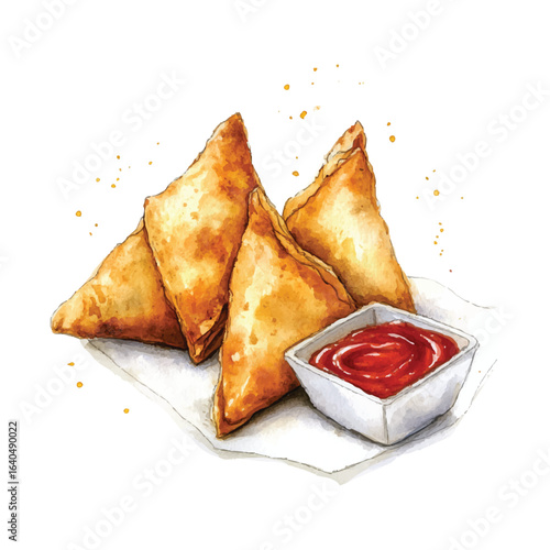 Watercolor Vector Illustration of Samosas with Ketchup on a Plate Isolated