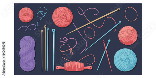 Illustration of yarn balls knitting needles and loose strands on a dark background
