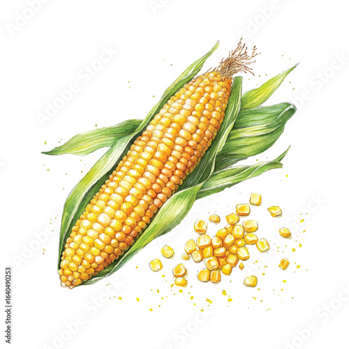 Watercolor Vector Illustration of Corn on the Cob with Kernels Isolated