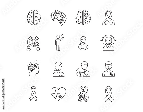 Line icon set for Alzheimer's & Brain Awareness. It features icons like Alzheimer, brain disease, Savant syndrome, mental disabilities, Down syndrome, and more.

