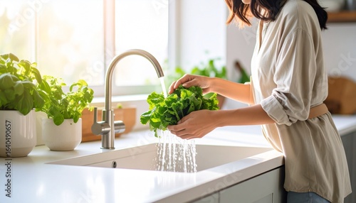 A woman carefully washes a bunch of fresh green lettuce under running water in a bright, sunlit kitchen sink.