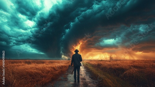 Man Walking Towards Dramatic Storm with Dark Clouds and Lightning
