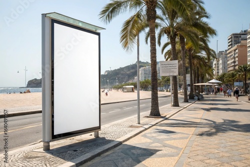 Fototapeta Naklejka Na Ścianę i Meble -  Mockup blank billboard on sidewalk near tropical beach with palm trees. Modern white empty signboard perfect for outdoor advertisement, marketing, and commercial promotion in urban coastal settings.