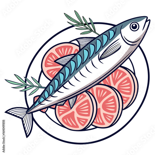 Fresh mackerel resting atop sliced grapefruit with aromatic rosemary sprigs on a plate