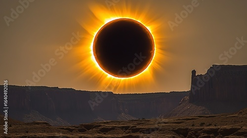 Total solar eclipse with corona visible over a desert landscape at daytime.