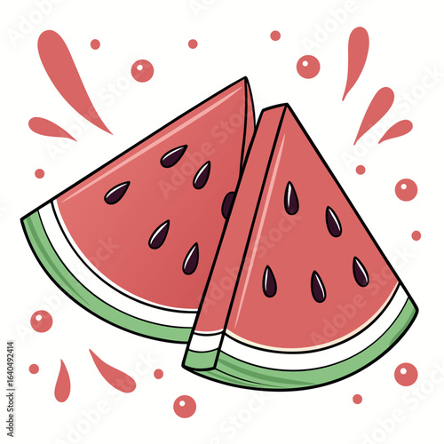 Two watermelon slices with seeds sit near splashes against a transparent backdrop