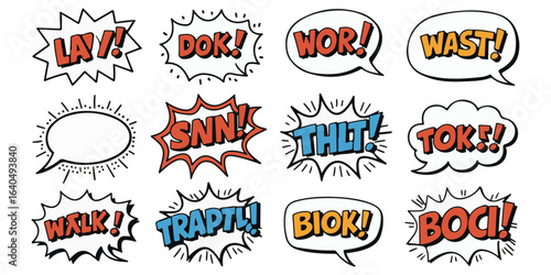 Illustration of assorted cartoon speech bubbles with various onomatopoeia words inside them