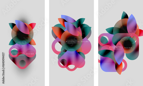 Abstract floral shapes overlap, creating vibrant color gradients. Panels display similar designs with slight variations. Text reads background design.