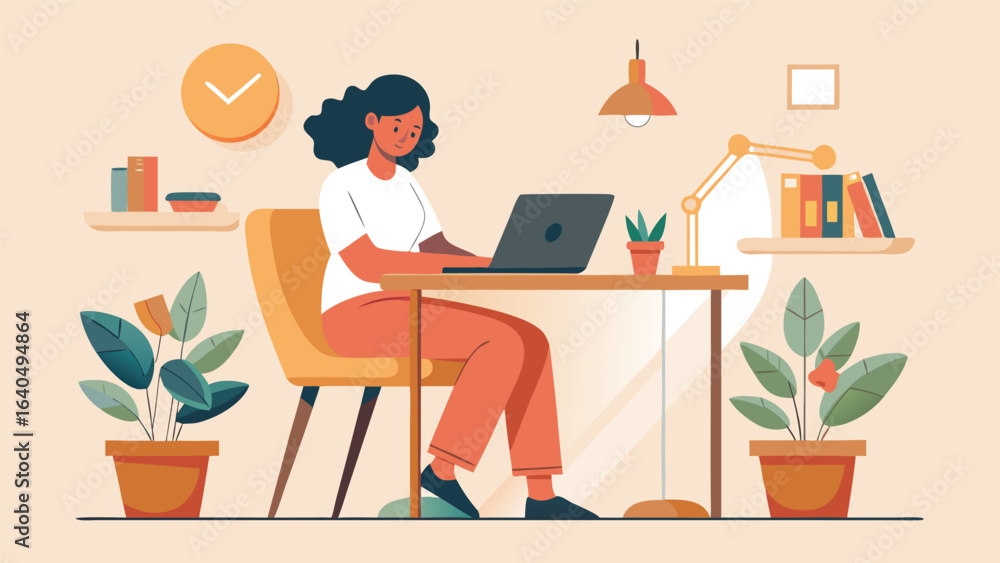 Fototapeta premium Vector illustration of a young woman working at a desk with laptop