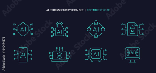 Cybersecurity with AI Technology icons including shield protection, firewall, privacy encryption, padlock, Safety identity scan, cyber security, policy confidential access secure. outline icon set.