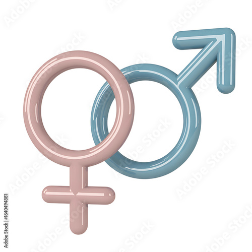 Intertwined pink female and blue male gender symbols representing partnership and unity isolated on transparent background