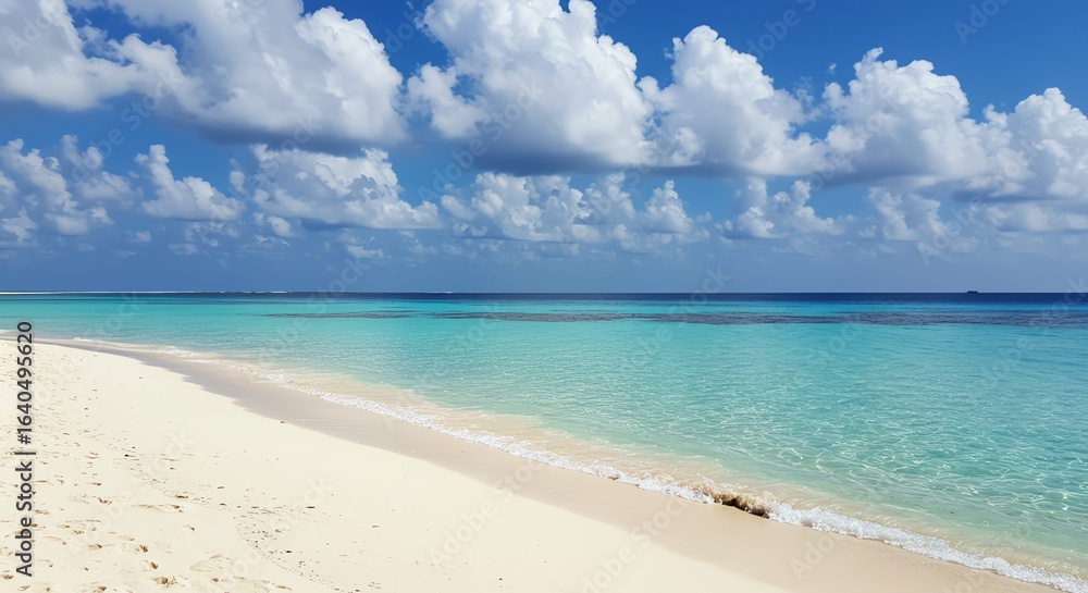 Fototapeta premium Serene Beach Scene with White Sand Turquoise Water and Cloudy Sky