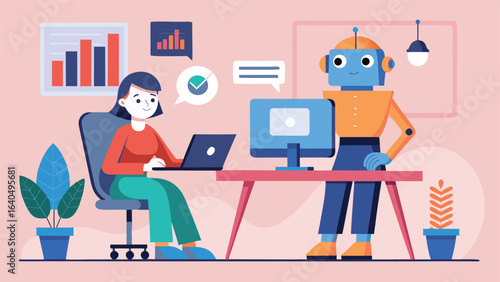 Stylized Illustration of a Woman and Robot Sitting Together