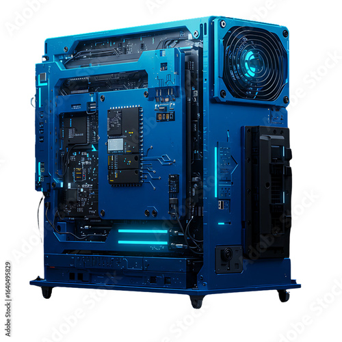 Futuristic blue computer tower with intricate internal components and glowing neon blue lights isolated on transparent background