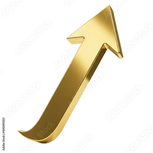 Shiny golden arrow pointing upwards indicating growth and progress isolated on transparent background