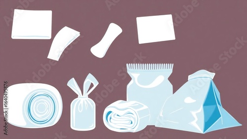 Collection of medical supplies and personal care items on a brown background