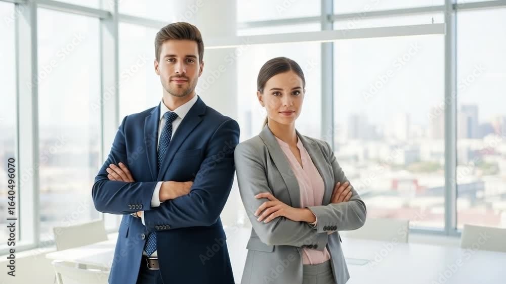 Business Professionals Smiling Confidently in Bright Modern Office Business Professionals Smiling Confidently in Bright Modern Office