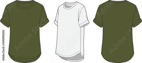 Olive green and white t-shirt front back side view, short sleeve crew neck shirt template, casual unisex fashion clothing design illustration