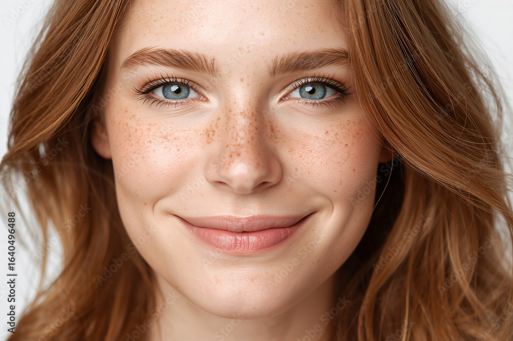 Beautiful Caucasian Woman with Blue Eyes and Soft Smile Against White Backdrop Beautiful Caucasian Woman with Blue Eyes and Soft Smile Against White Backdrop