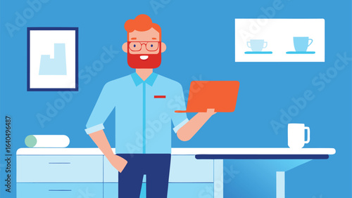 Cheerful Red Haired Man with Glasses Standing