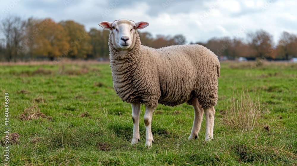 A sheep stands in a grassy field, looking directly at the camera. Autumn trees are visible in the background A sheep stands in a grassy field, looking directly at the camera. Autumn trees are visible in the background