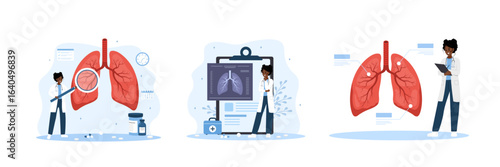 Pulmonologist concept. Tuberculosis, pneumonia, lung cancer diagnostic. Pulmonology and respiratory system treatment. African Doctor appointment and patient help. Set of Vector illustration.